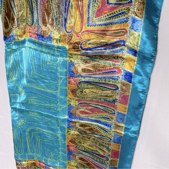 5/$25 Jiaying Blue Yellow Satin Abstract Print Square Scarf - Picture 13 of 16